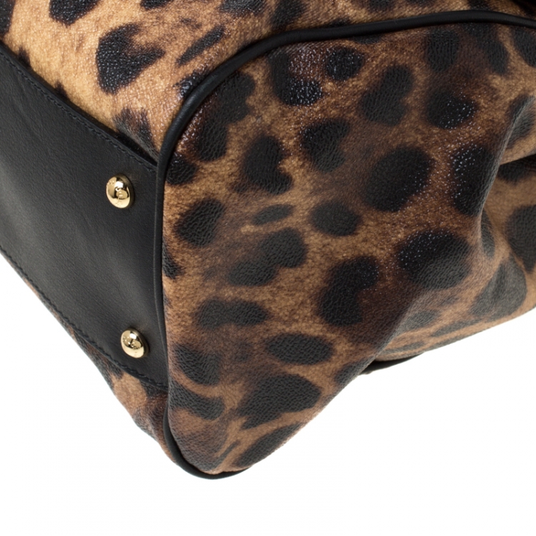 Pre Owned Dolce and Gabbana Brown Leopard Print Coated Canvas Large Miss Sicily Top Handle Bag