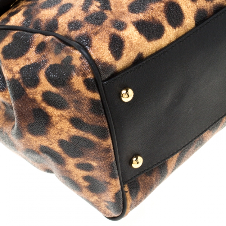 Pre Owned Dolce and Gabbana Brown Leopard Print Coated Canvas Large Miss Sicily Top Handle Bag