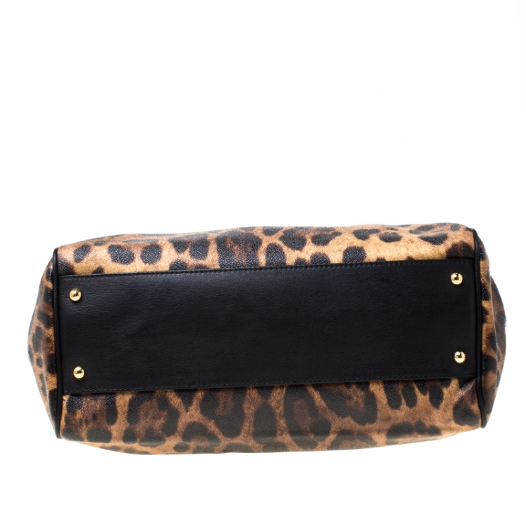 Pre Owned Dolce and Gabbana Brown Leopard Print Coated Canvas Large Miss Sicily Top Handle Bag
