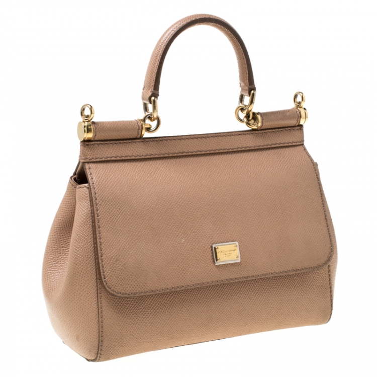 Pre Owned Dolce and Gabbana Beige Leather Small Miss Sicily Tote 