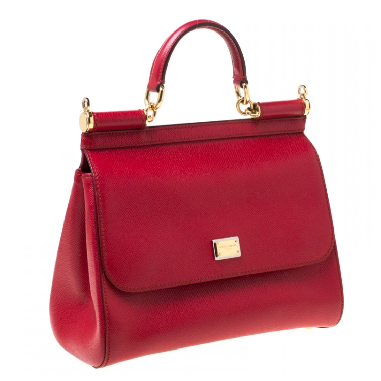 Pre Owned Dolce and Gabbana Red Leather Medium Miss Sicily Top Handle