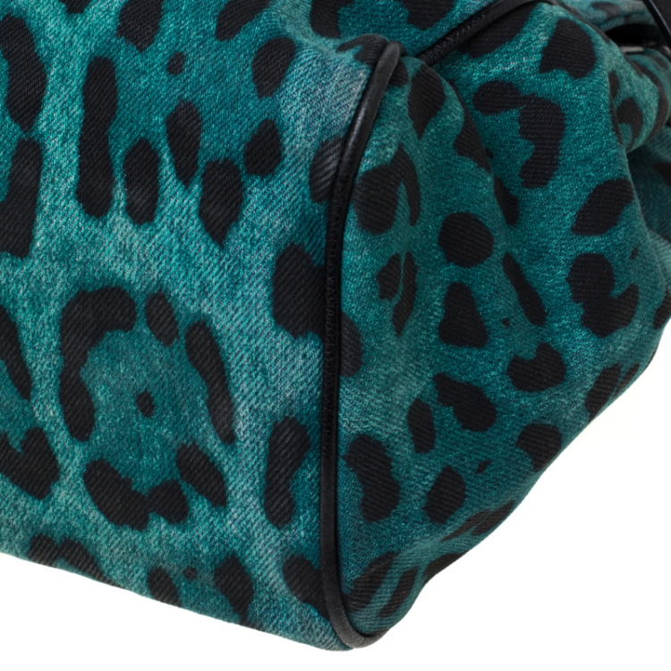 Pre Owned Dolce and Gabbana Green Leopard Print Fabric Medium Miss Sicily Top Handle Bag         