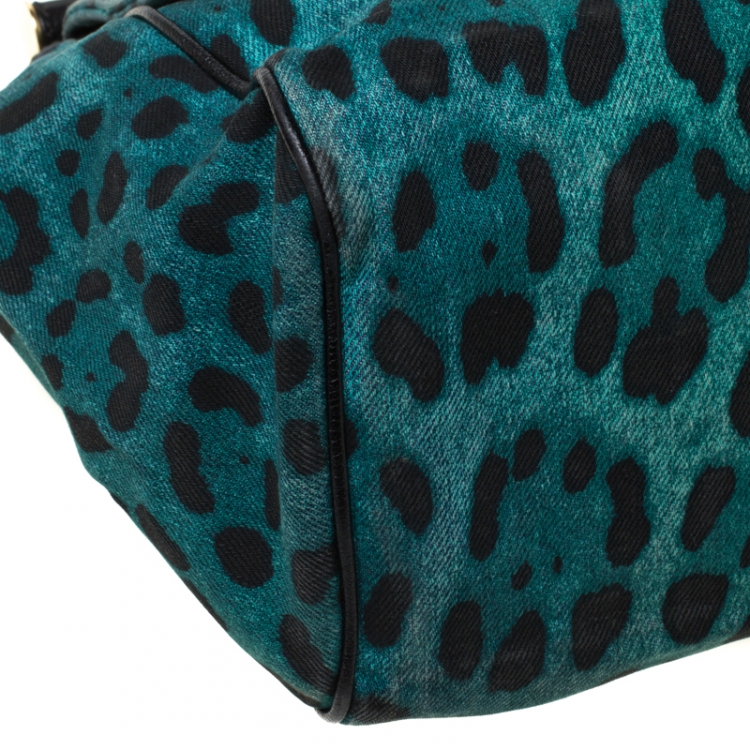 Pre Owned Dolce and Gabbana Green Leopard Print Fabric Medium Miss Sicily Top Handle Bag         