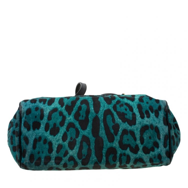 Pre Owned Dolce and Gabbana Green Leopard Print Fabric Medium Miss Sicily Top Handle Bag         