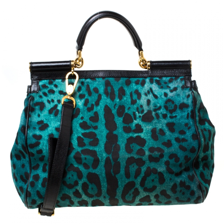 Pre Owned Dolce and Gabbana Green Leopard Print Fabric Medium Miss Sicily Top Handle Bag         
