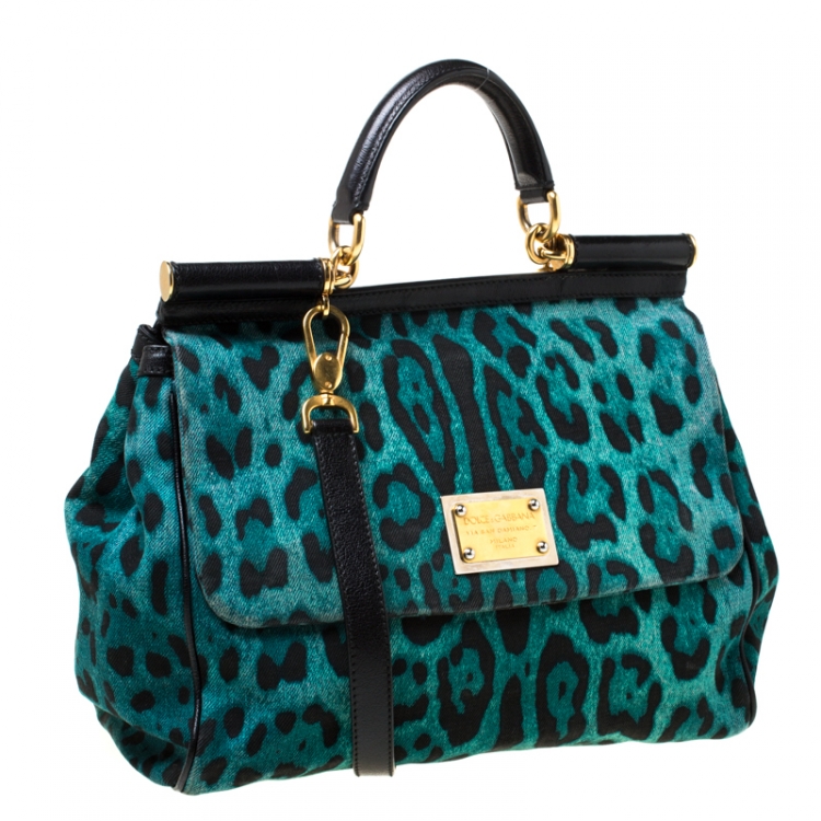 Pre Owned Dolce and Gabbana Green Leopard Print Fabric Medium Miss Sicily Top Handle Bag         