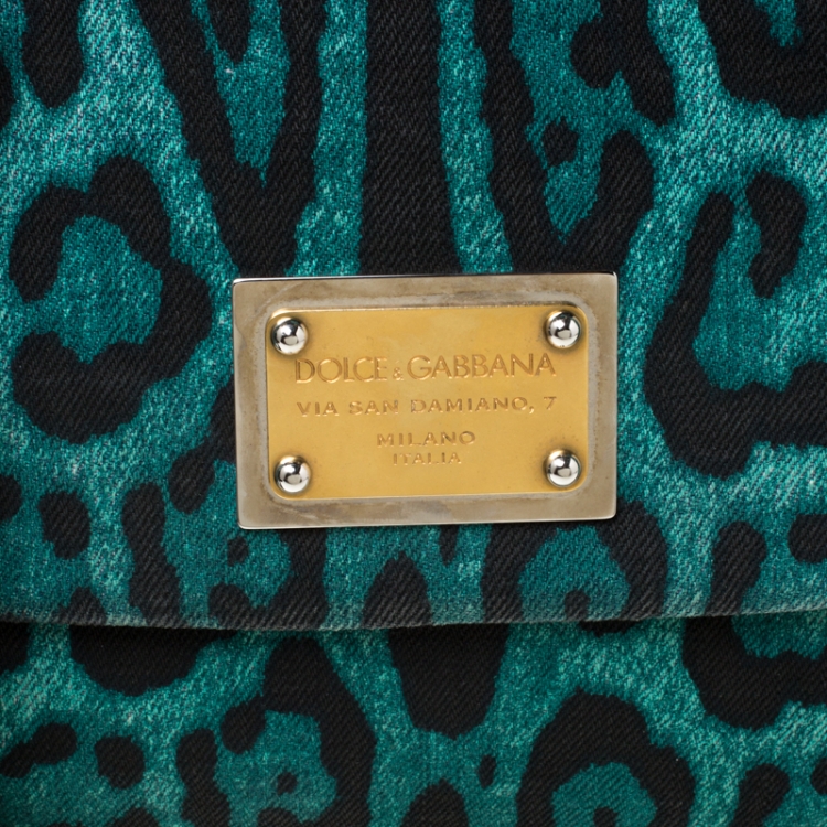 Pre Owned Dolce and Gabbana Green Leopard Print Fabric Medium Miss Sicily Top Handle Bag         