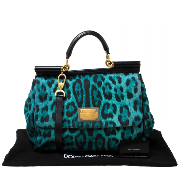 Pre Owned Dolce and Gabbana Green Leopard Print Fabric Medium Miss Sicily Top Handle Bag         