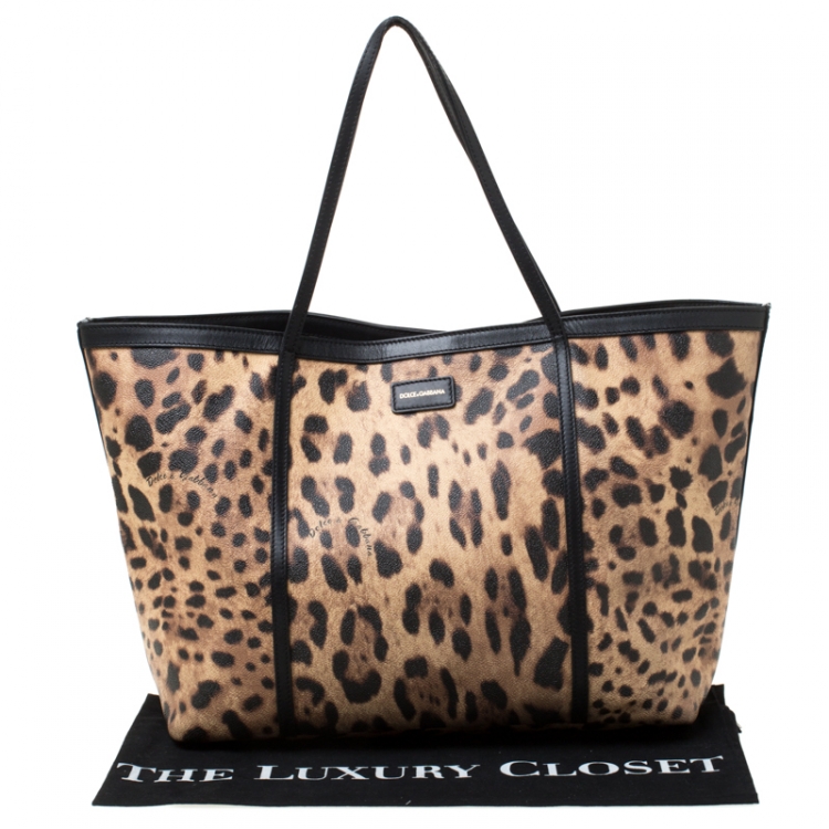 Pre Owned Dolce and Gabbana Beige/Black Leopard Print PVC and Leather Miss Escape Tote