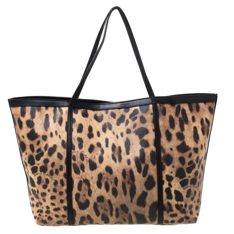 Pre Owned Dolce and Gabbana Beige/Black Leopard Print PVC and Leather Miss Escape Tote
