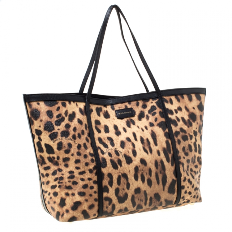 Pre Owned Dolce and Gabbana Beige/Black Leopard Print PVC and Leather Miss Escape Tote