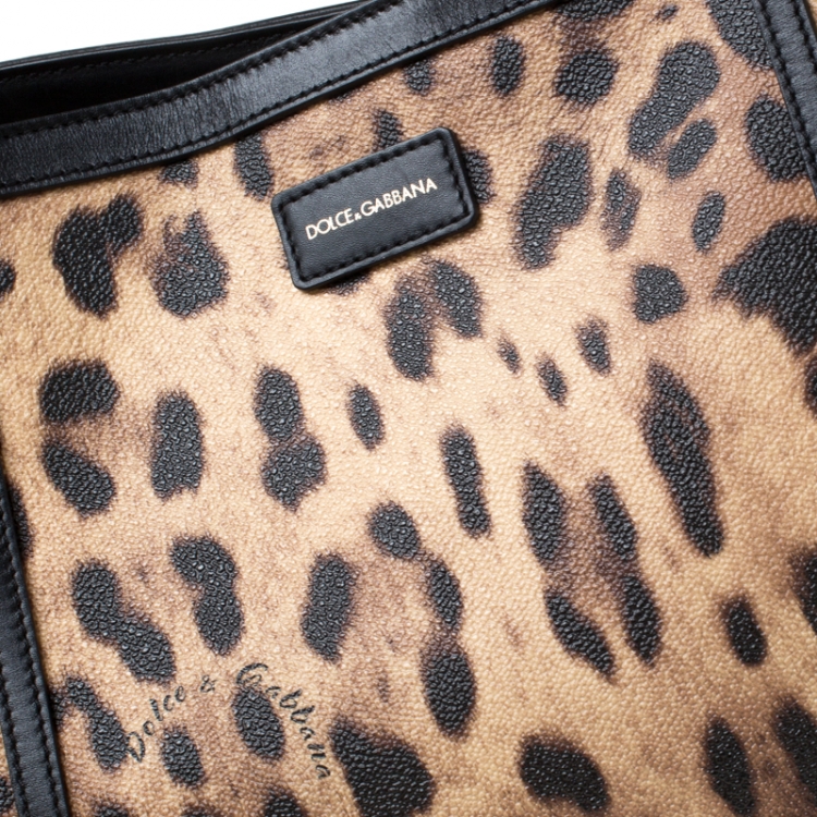 Pre Owned Dolce and Gabbana Beige/Black Leopard Print PVC and Leather Miss Escape Tote