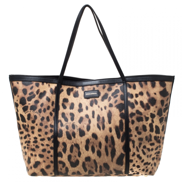 Pre Owned Dolce and Gabbana Beige/Black Leopard Print PVC and Leather Miss Escape Tote