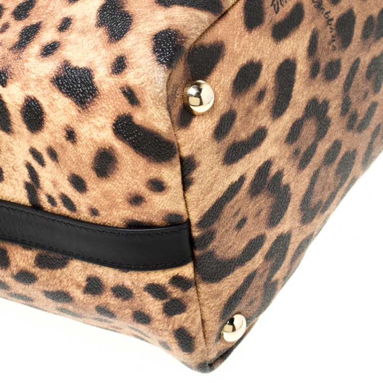 Pre Owned Dolce and Gabbana Beige/Black Leopard Print PVC and Leather Miss Escape Tote