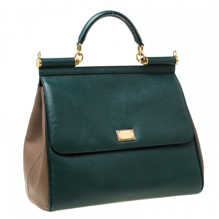 Pre Owned Dolce and Gabbana Green/Brown Leather Large Miss Sicily Top Handle Bag