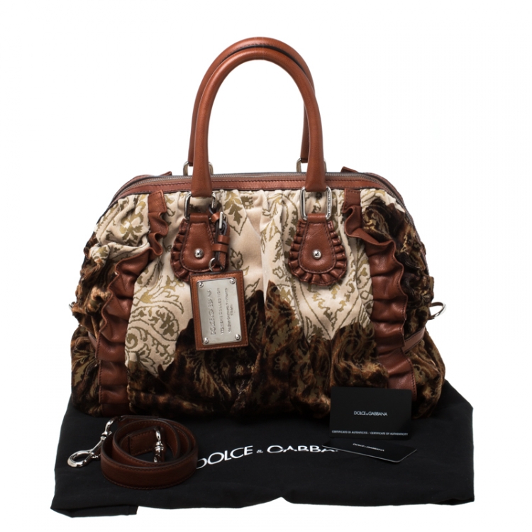 Pre Owned Dolce and Gabbana Brown/Beige Velvet and Leather Satchel