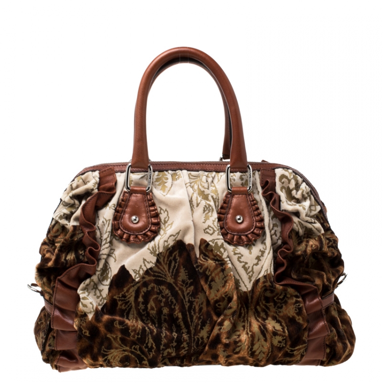 Pre Owned Dolce and Gabbana Brown/Beige Velvet and Leather Satchel