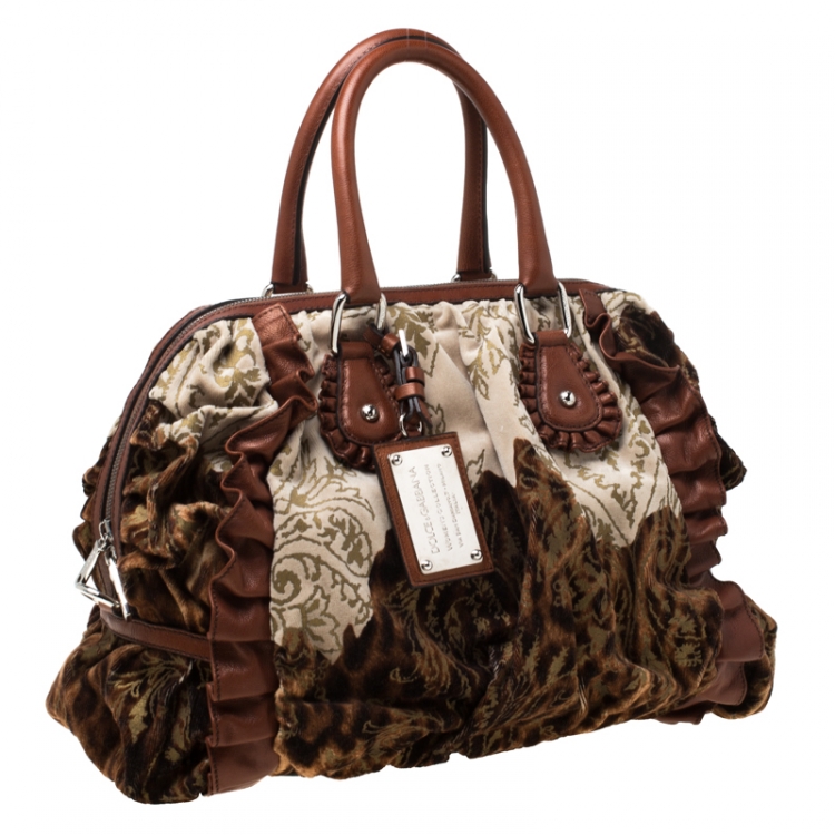 Pre Owned Dolce and Gabbana Brown/Beige Velvet and Leather Satchel