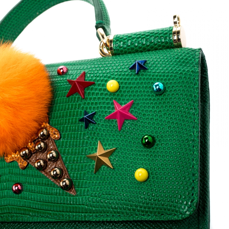 Pre Owned Dolce & Gabbana Green Ice Cream Fur Embellished Lizard Embossed Leather Sicily Von Smartphone Bag 