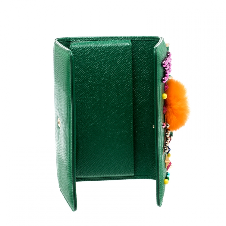 Pre Owned Dolce & Gabbana Green Ice Cream Fur Embellished Lizard Embossed Leather Sicily Von Smartphone Bag 