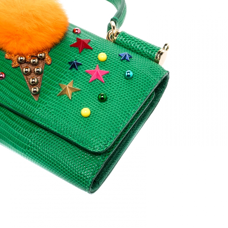 Pre Owned Dolce & Gabbana Green Ice Cream Fur Embellished Lizard Embossed Leather Sicily Von Smartphone Bag 