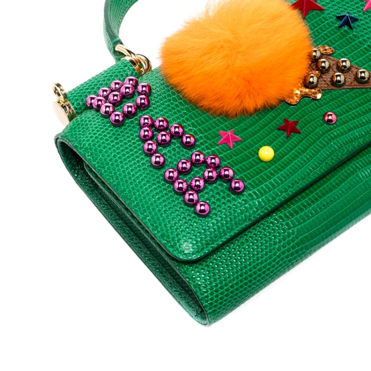 Pre Owned Dolce & Gabbana Green Ice Cream Fur Embellished Lizard Embossed Leather Sicily Von Smartphone Bag 