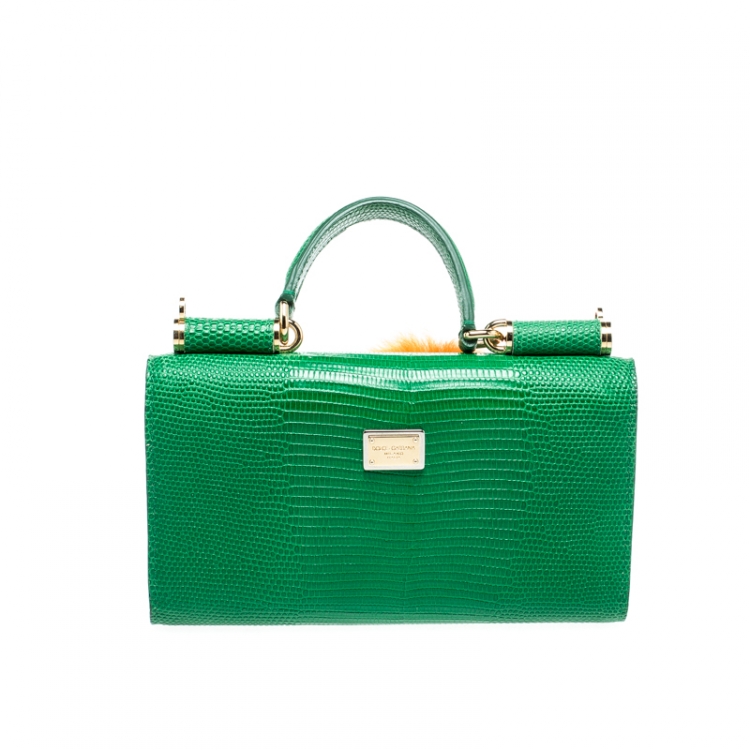 Pre Owned Dolce & Gabbana Green Ice Cream Fur Embellished Lizard Embossed Leather Sicily Von Smartphone Bag 