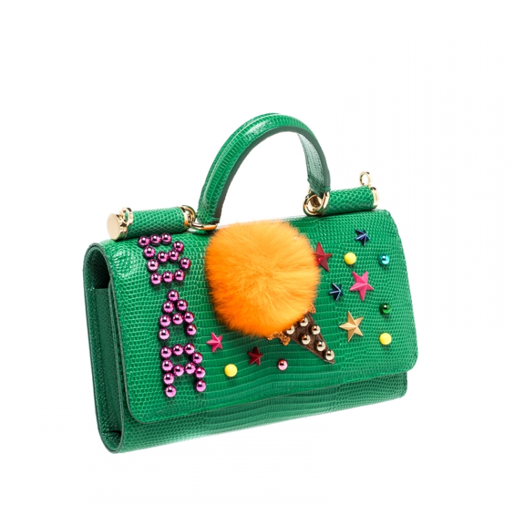 Pre Owned Dolce & Gabbana Green Ice Cream Fur Embellished Lizard Embossed Leather Sicily Von Smartphone Bag 