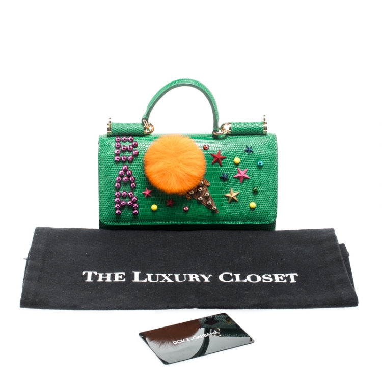 Pre Owned Dolce & Gabbana Green Ice Cream Fur Embellished Lizard Embossed Leather Sicily Von Smartphone Bag 