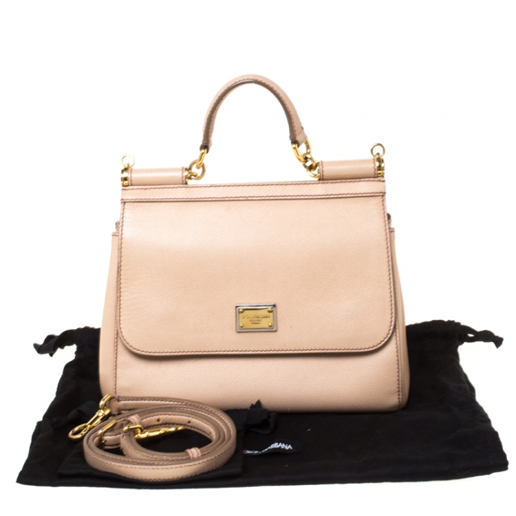 Pre Owned Dolce and Gabbana Beige Leather Medium Miss Sicily Top Handle Bag