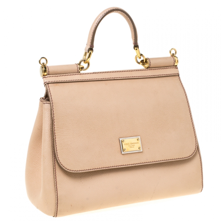 Pre Owned Dolce and Gabbana Beige Leather Medium Miss Sicily Top Handle Bag