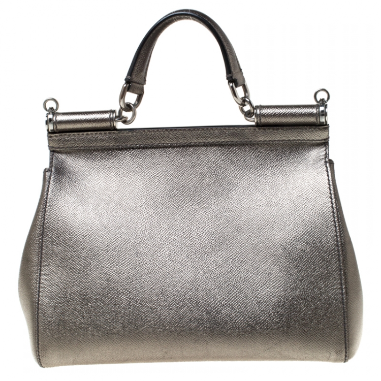 Pre Owned Dolce and Gabbana Olive Green Metallic Leather Medium Miss Sicily Top Handle Bag