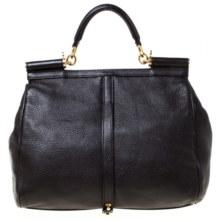 Pre Owned Dolce and Gabbana Dark Brown Leather Large Miss Sicily Top Handle Bag