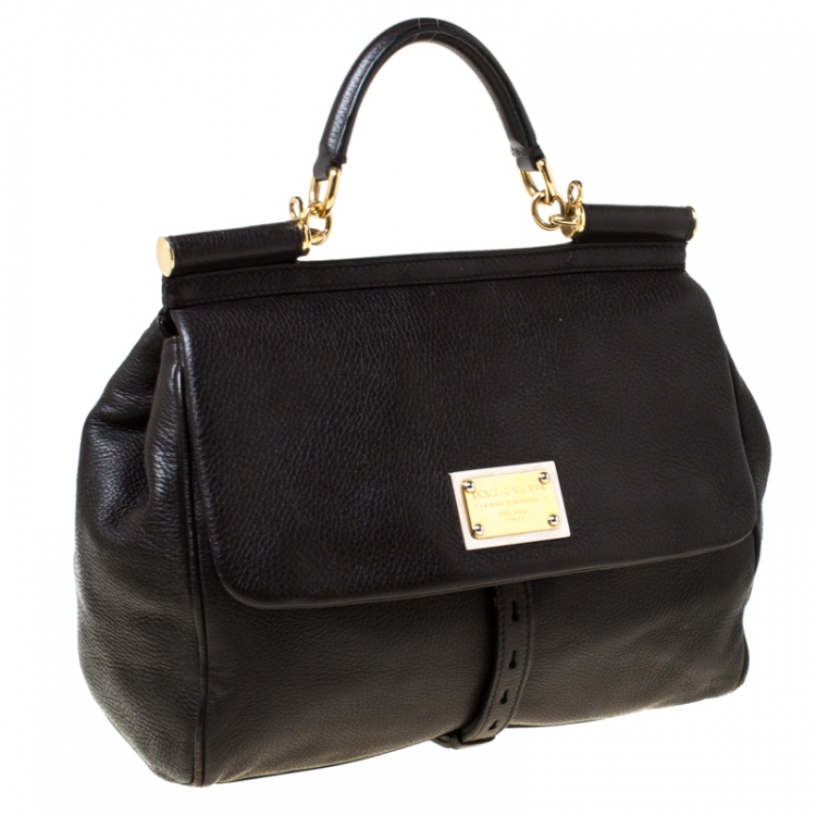 Pre Owned Dolce and Gabbana Dark Brown Leather Large Miss Sicily Top Handle Bag