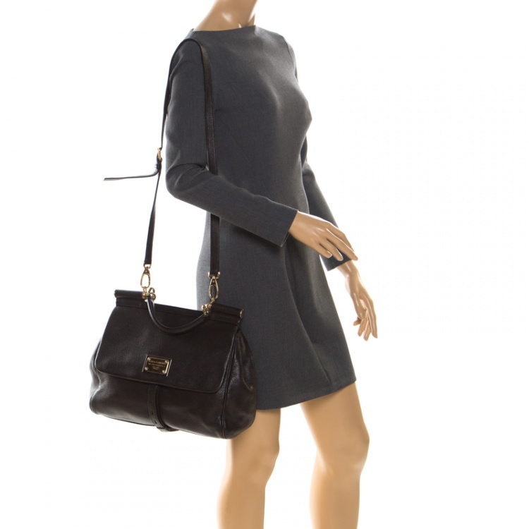 Pre Owned Dolce and Gabbana Dark Brown Leather Large Miss Sicily Top Handle Bag