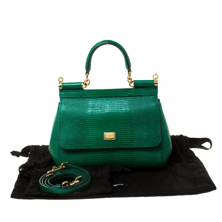 Pre Owned Dolce and Gabbana Green Lizard Embossed Leather Small Miss Sicily Top Handle Bag