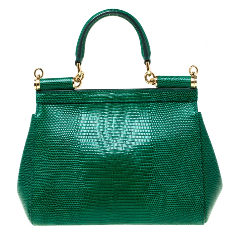 Pre Owned Dolce and Gabbana Green Lizard Embossed Leather Small Miss Sicily Top Handle Bag