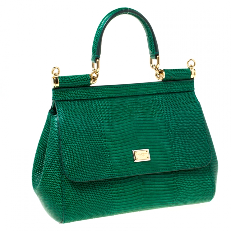 Pre Owned Dolce and Gabbana Green Lizard Embossed Leather Small Miss Sicily Top Handle Bag