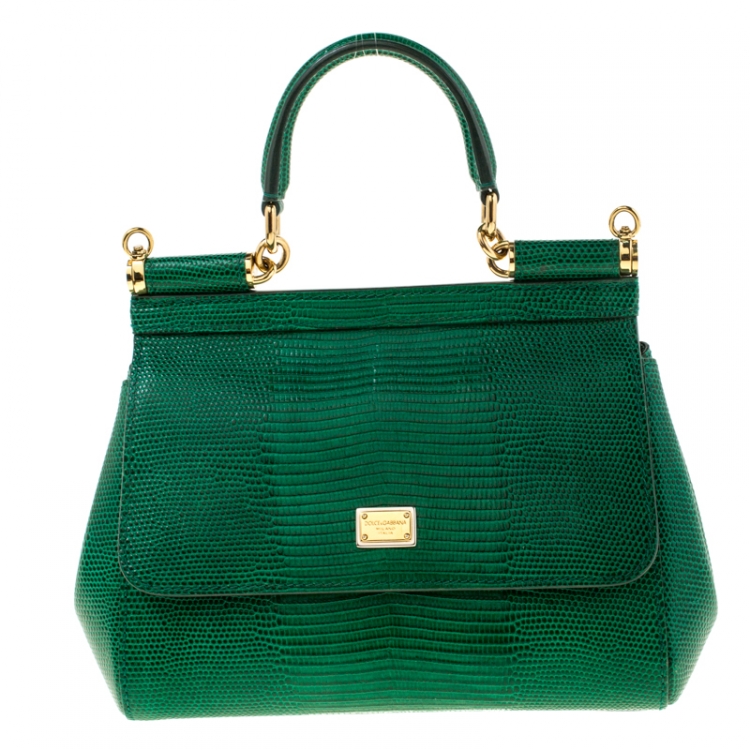Pre Owned Dolce and Gabbana Green Lizard Embossed Leather Small Miss Sicily Top Handle Bag