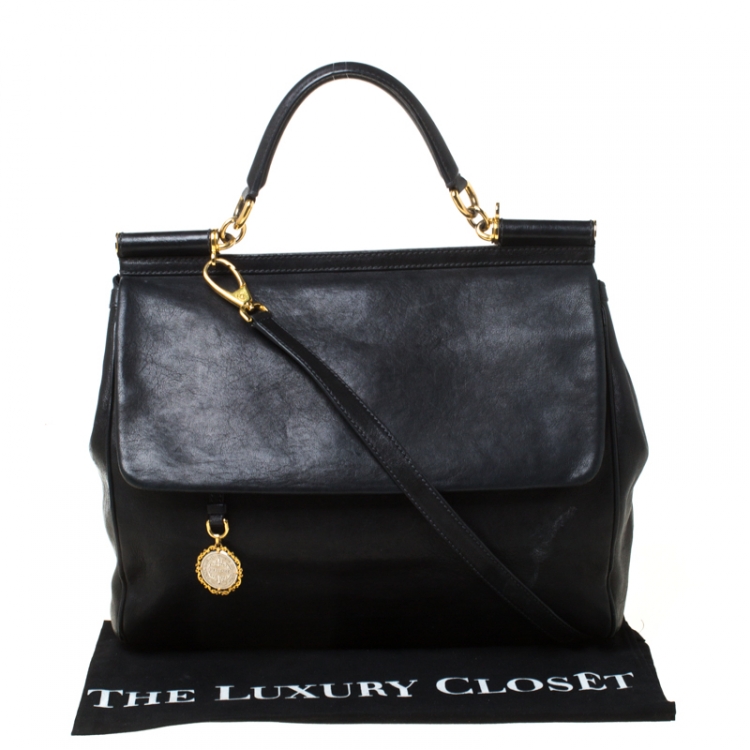 Pre Owned Dolce and Gabbana Black Leather XL Miss Sicily Top Handle Bag