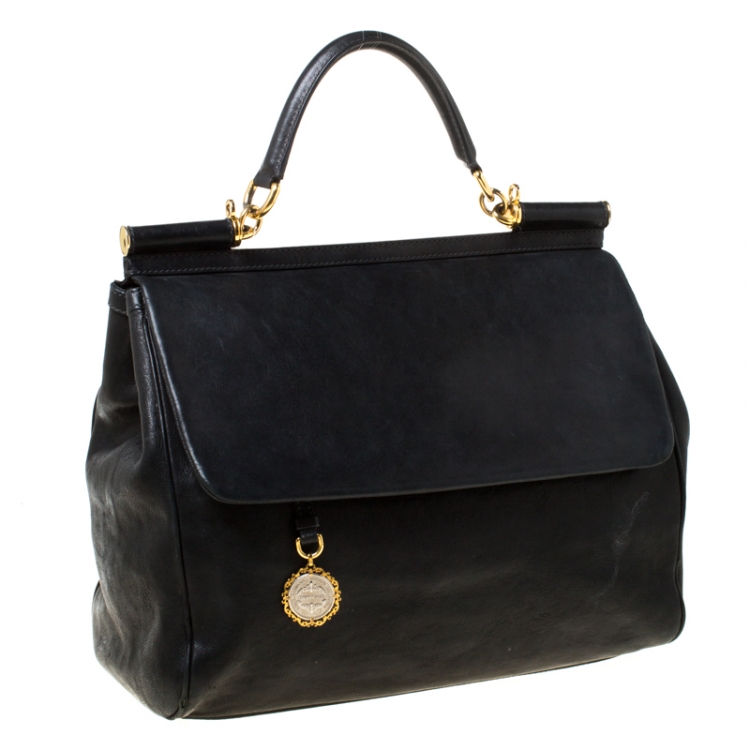 Pre Owned Dolce and Gabbana Black Leather XL Miss Sicily Top Handle Bag
