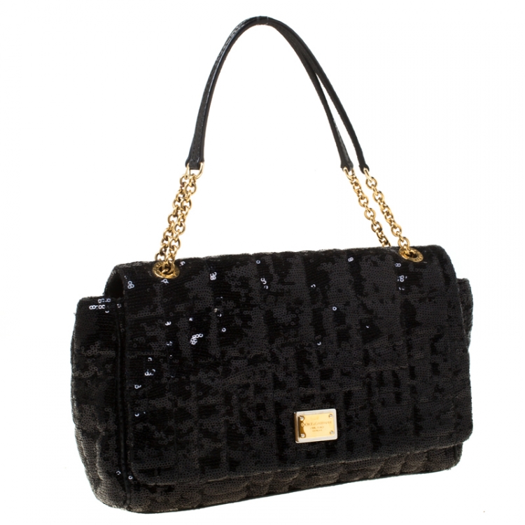 Pre Owned Dolce and Gabbana Black Sequins and Python Miss Kate Shoulder Bag
