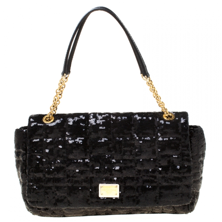 Pre Owned Dolce and Gabbana Black Sequins and Python Miss Kate Shoulder Bag