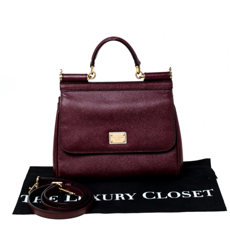 Pre Owned Dolce and Gabbana Burgundy Leather Medium Miss Sicily Top Handle Bag
