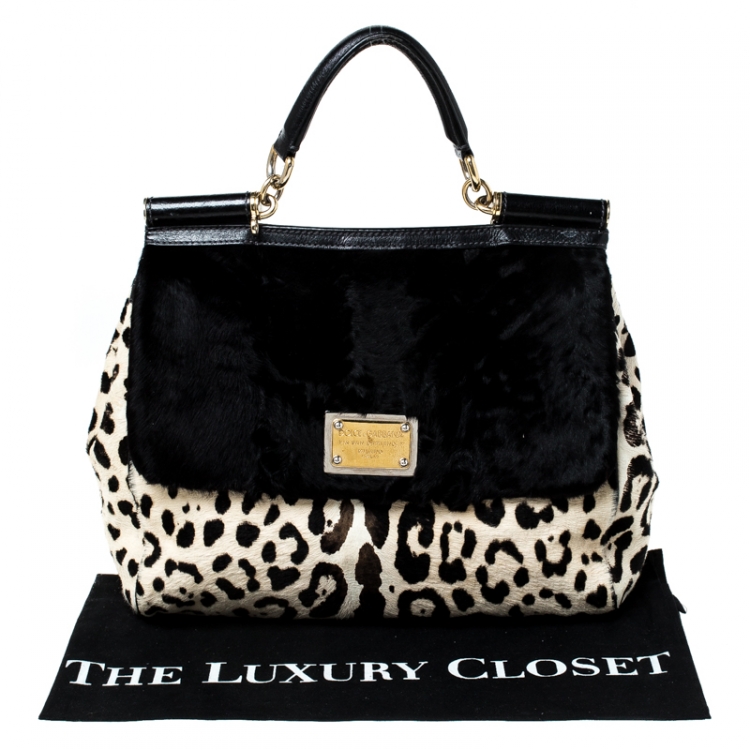 Pre Owned Dolce and Gabbana Black/White Leopard Print and Calf Hair Miss Sicily Top Handle Bag