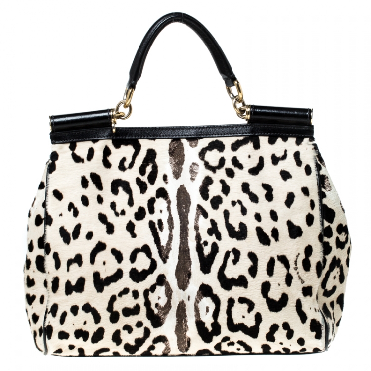 Pre Owned Dolce and Gabbana Black/White Leopard Print and Calf Hair Miss Sicily Top Handle Bag