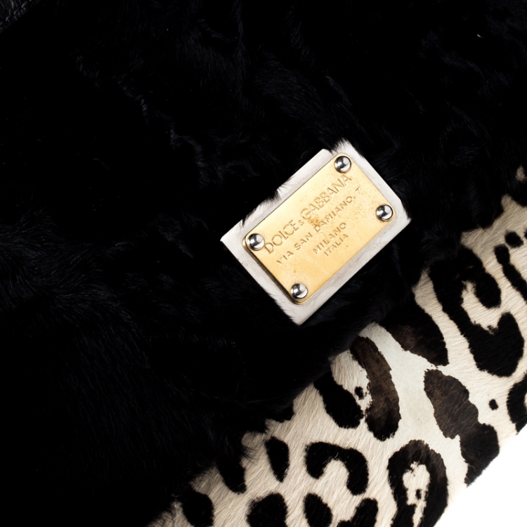 Pre Owned Dolce and Gabbana Black/White Leopard Print and Calf Hair Miss Sicily Top Handle Bag