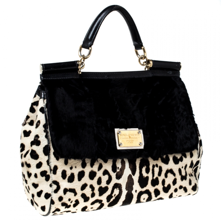 Pre Owned Dolce and Gabbana Black/White Leopard Print and Calf Hair Miss Sicily Top Handle Bag