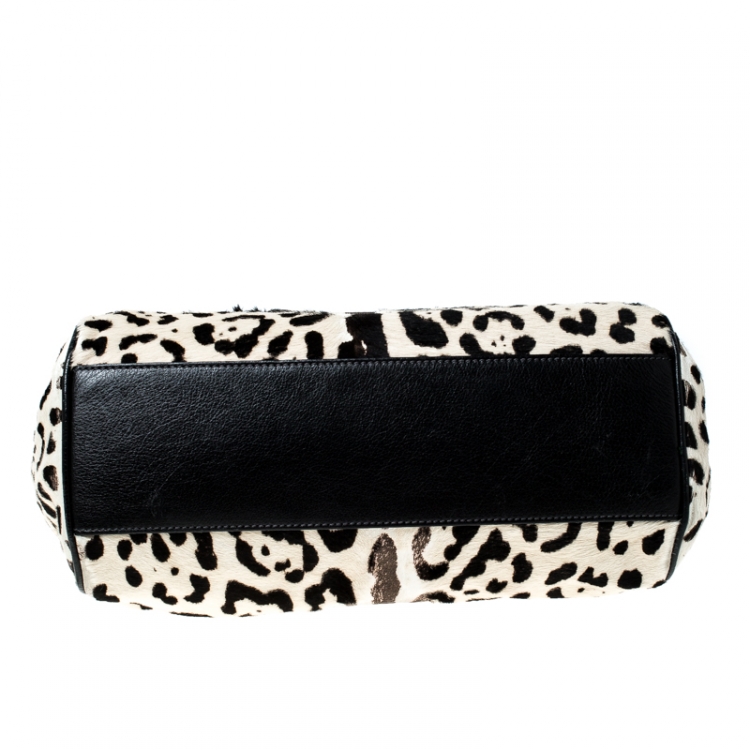 Pre Owned Dolce and Gabbana Black/White Leopard Print and Calf Hair Miss Sicily Top Handle Bag