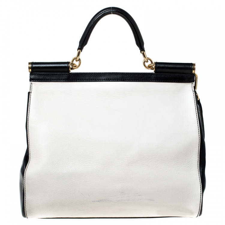 Pre Owned Dolce and Gabbana White/Black Leather Large Miss Sicily Top Handle Bag